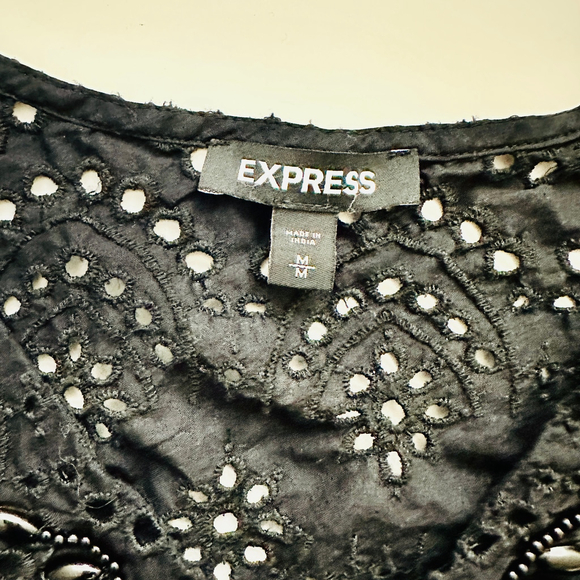 EXPRESS Black Eyelet Peplum Blouse, Size M - Picture 4 of 8